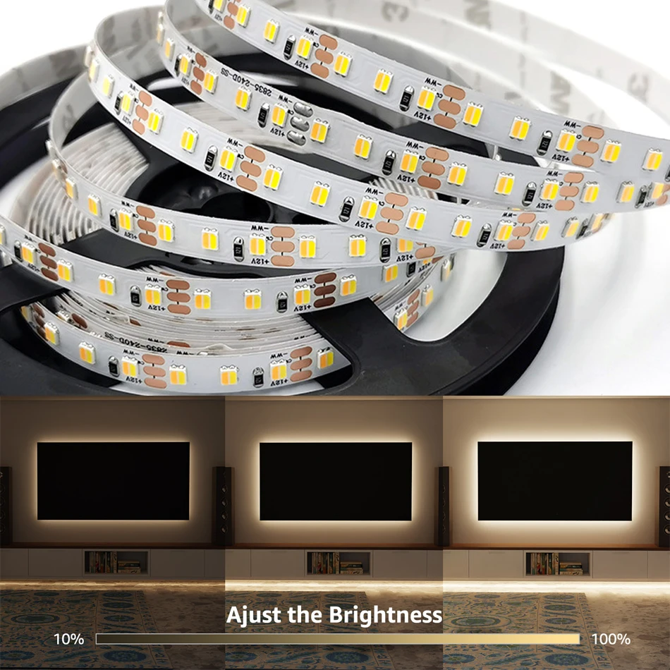 2 in 1 듀얼 컬러 2835 SMD CCT LED 스트립 12V 24V 120LED/M 비 방수 유연한 램프 바 5m/롤 6000K 4000K 3000K 따뜻한 흰색