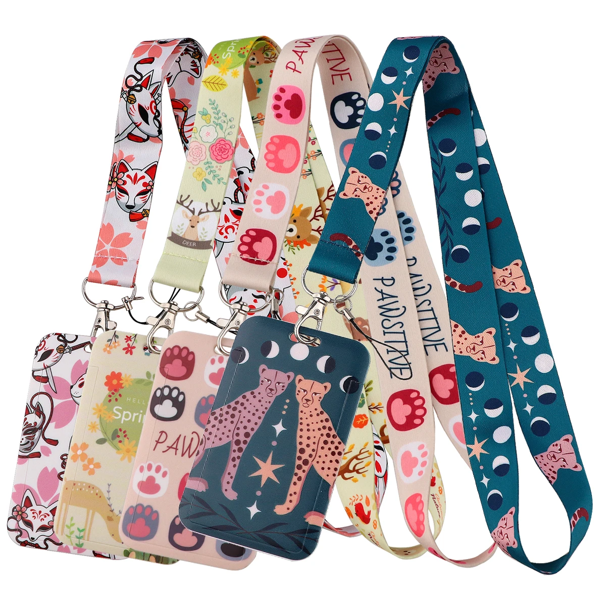 Cute Paw Credential Holder Leopard And Deer Lanyard For Key Id Card Gym