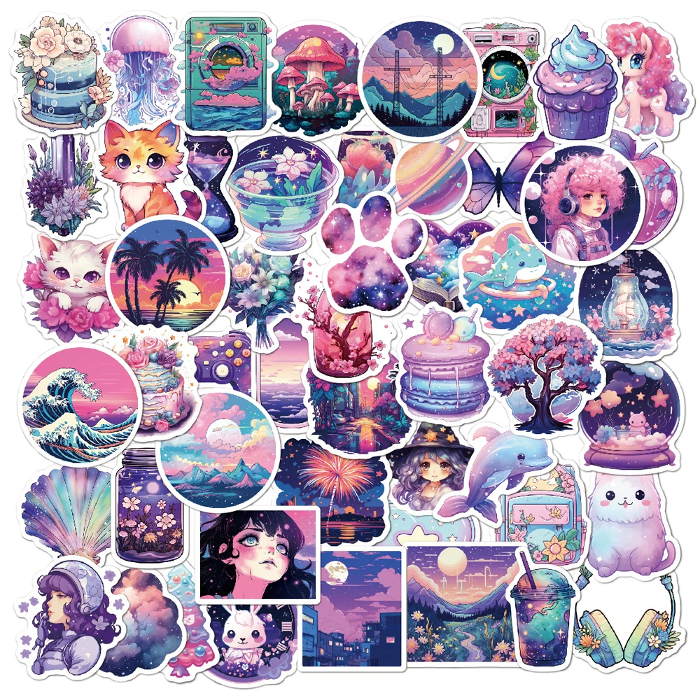 10/30/50PCS Dreamy Purple INS Wind Album Personality Cartoon Stickers Skateboard Scrapbook Kawaii Waterproof Graffiti Stickers