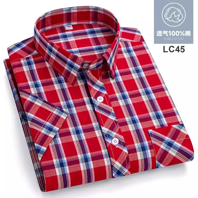 100% Cotton High Quality Summer Thin Plaid Loose Short Sleeve Casual Dress Shirts Plus Size M L XL -4XL5X6XL 7XL 8XL