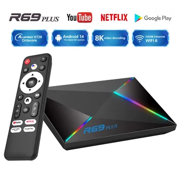 Global Version R69 Plus Android14 TV box Allwinner H728 chip octa-core Wifi6 1000M Lan Bluetooth5 8K video decoding Chromecast