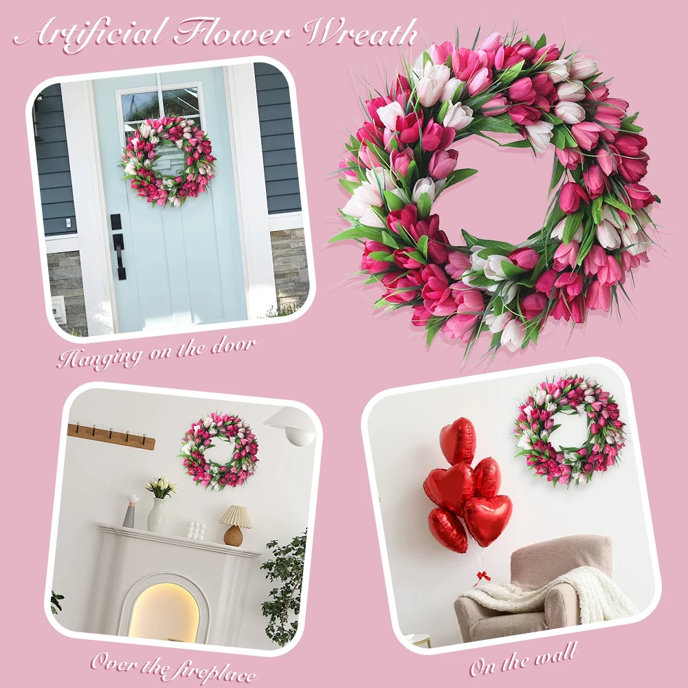 15.7inch Tulip Wreath Artificial Flower Wreath with Tulips Mothers Day Valentine's Wreaths for Wall Window Party Wedding Decor