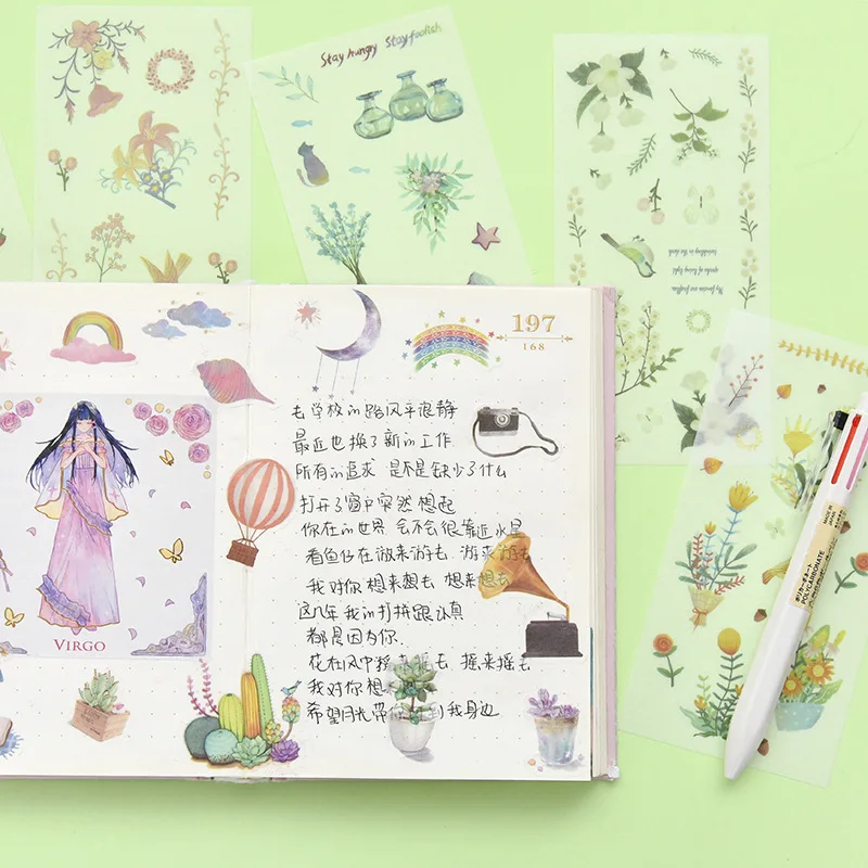 6 sheets/pack Cute Stickers Flower Cat Butterfly Washi Paper Stickers Pack Scrapbooking Supplies Japanese Kawaii Stationery