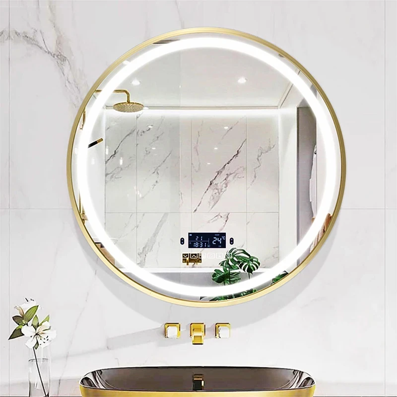 Gold Border Round LED Smart Bathroom Mirror With Bluetooth Body Induction Defogging 3 Color Light Multifunctional Makeup mirrors