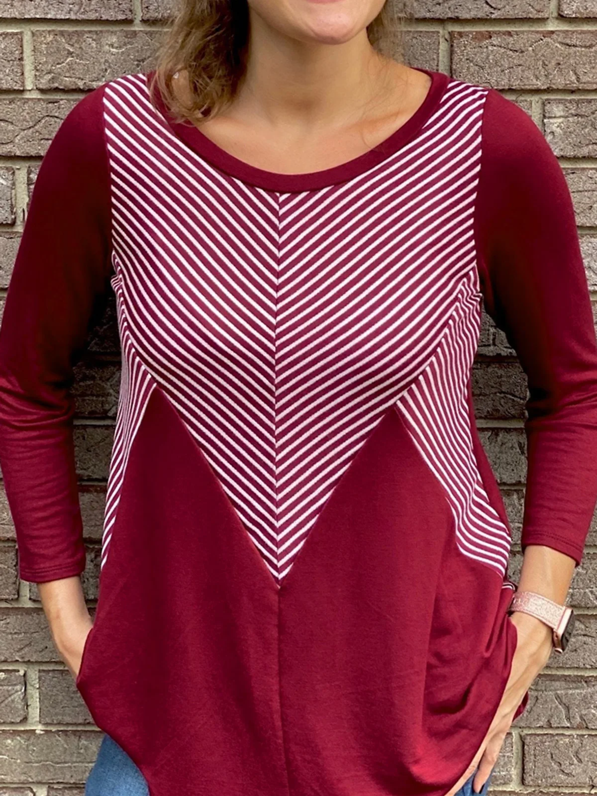 

2023 Autumn Striped Irregular Geometric Splicing Blouse Burgundy Women's Round Neck Long Sleeves Loose Simple Style Chic Tops