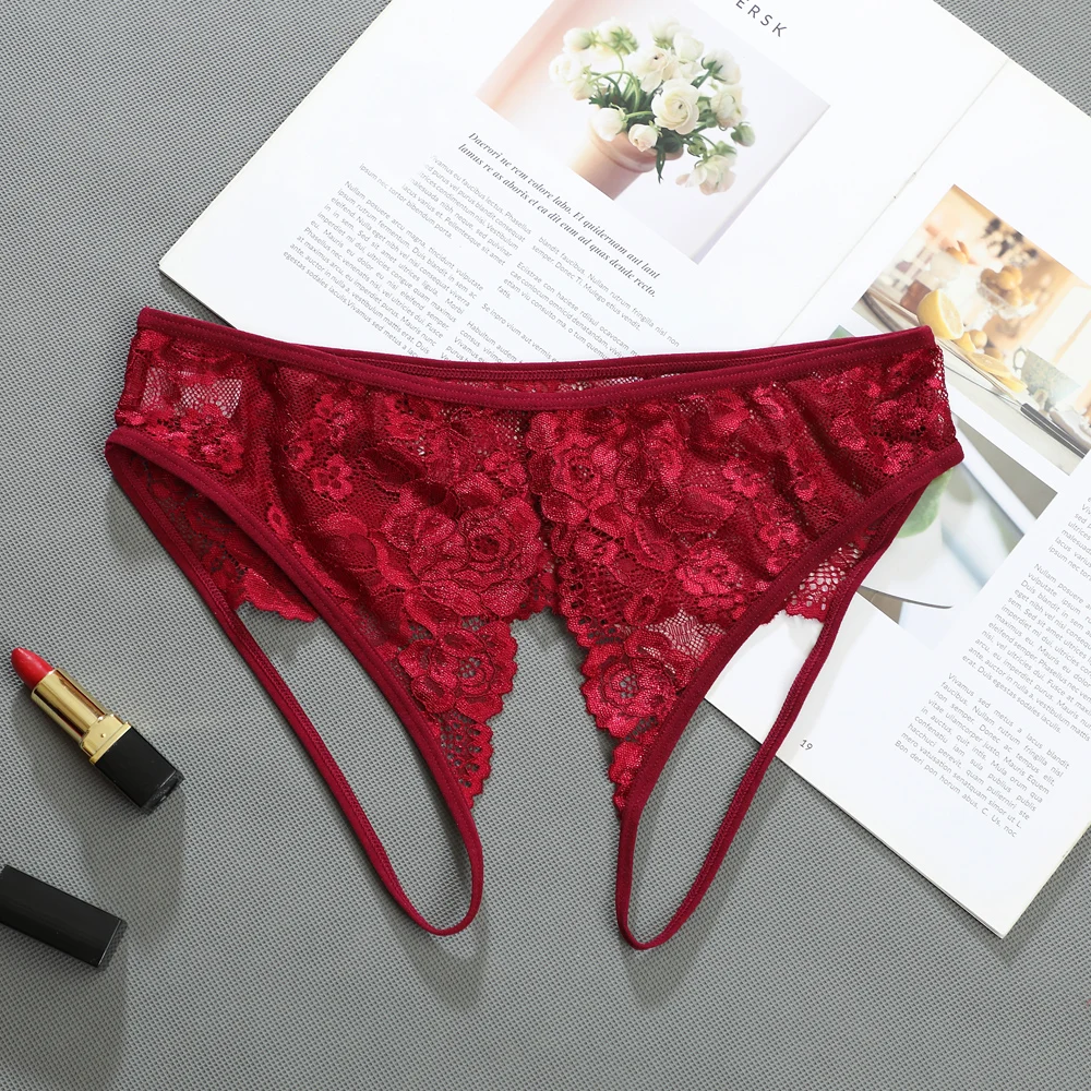 1piece Women's Panties Sexy Lace Hollow Out Thong Lingerie Open Crotch Underwear Lady's Crotchless Women Panties Female Underwear Lace Panties Womens Underwear