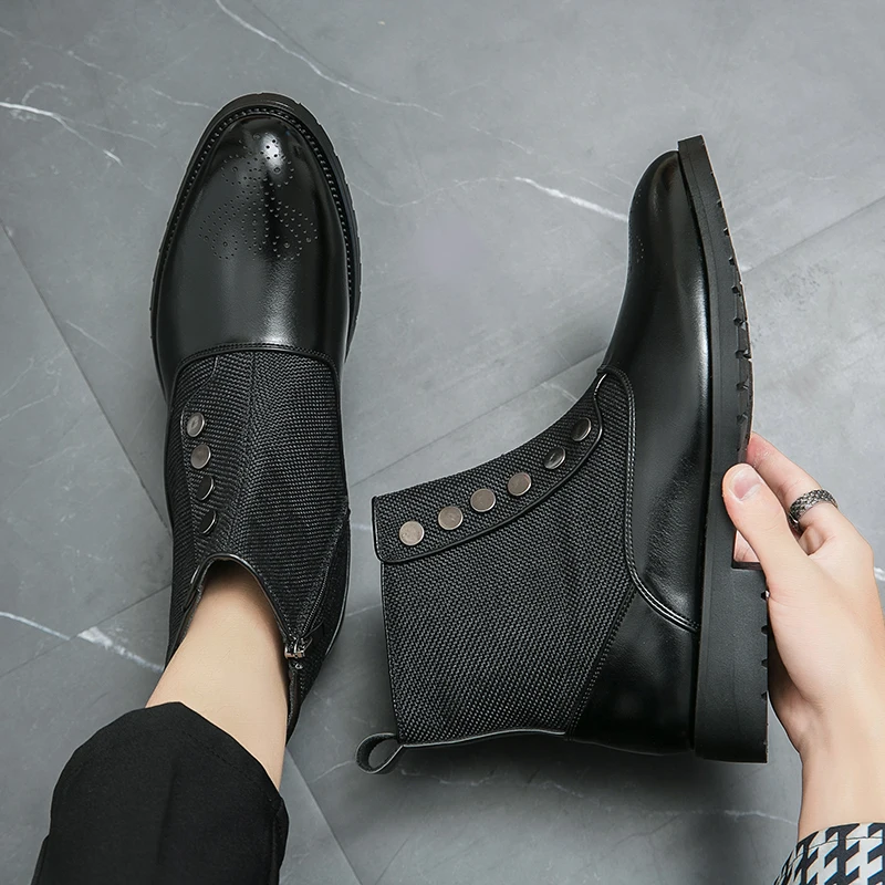 HKDQ Fashion Button Canvas Zip Men's Chelsea Boots High Quality Breathable Mens Leather Boots Comfortable High-top Shoes For Men