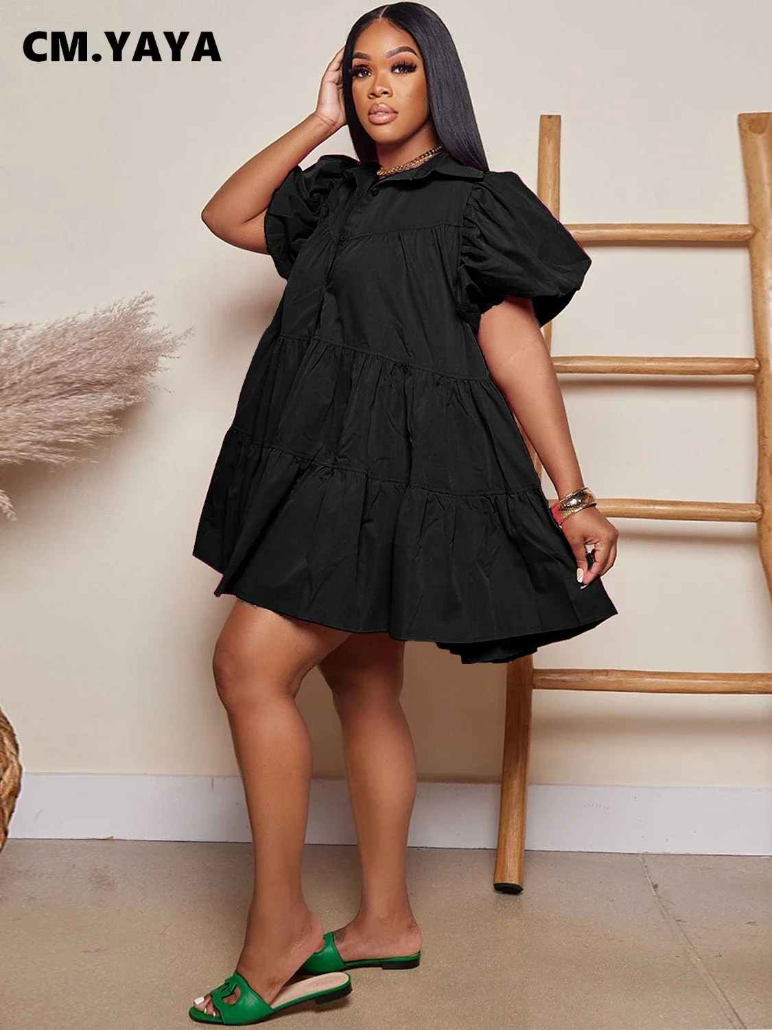 CM.YAYA Elegant Women Puff Sleeve Single Breasted Lapel Collar