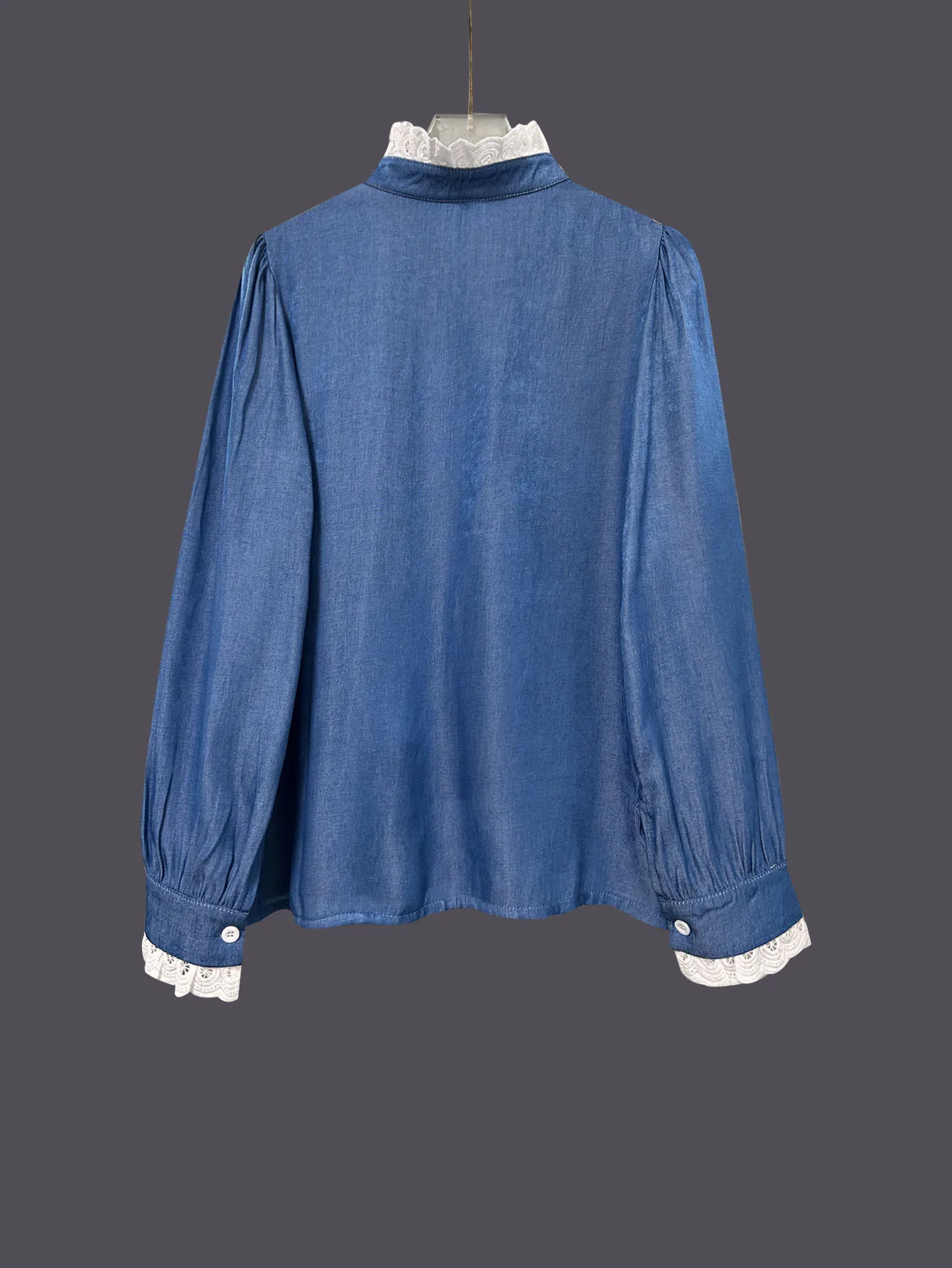 Fashion French Style Lace Splicing Cardigan Single-breasted Shirt Long-sleeved 2025 Autumn and Winter New Casual Blue Shirt Top