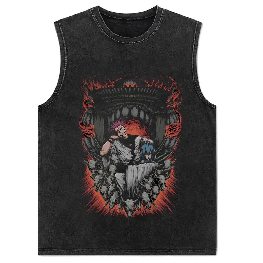 2024 New Vest Summer, Spell Back To War, Anime Printed Cotton Vest Men's Washed Retro Sleeveless T-shirt Ins