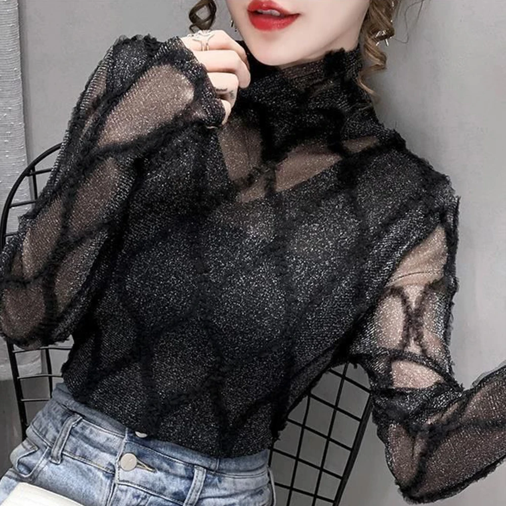 

Women's Y2K High Quality Full Piece Perspective Elasticity Fashion Slim Turtleneck T-Shirt Female Mesh Long Sleeve S-3XL Tops