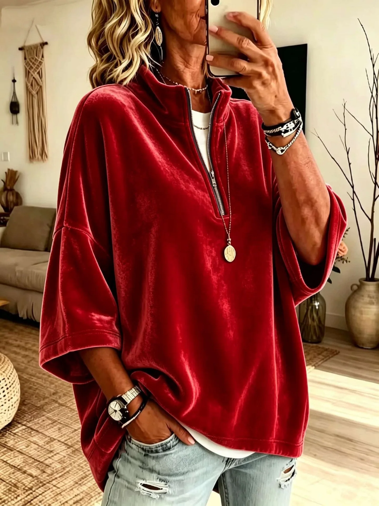 Autumn Winter Velvet Solid Half Zip Sweatshirts Stand Collar 3/4 Sleeve Loose Casual Pullover Tops Women Vacation Daily Hoodie