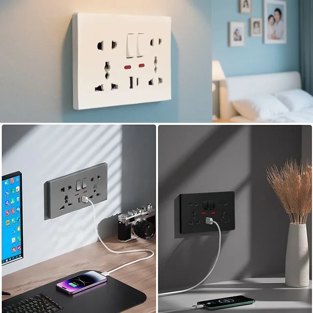 Universal Wall Socket with USB-C USB Charger & Switches, 2 Gang Power Outlet With LED, Flush Mount, AC 110-250V 2