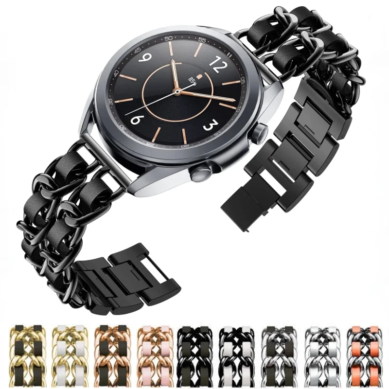 

20mm 22mm Metal+Leather Strap For Active 2 Samsung Galaxy Watch 6/5/4 Huawei Watch GT2 Men/Women bracelets Band For Amazfit Bip