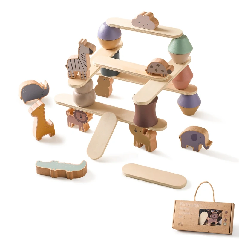 

Solid Wood Montessori Toys Animal Balanced Stacked Nordic Style Wooden Building High Blocks Constructor Board Game for Children