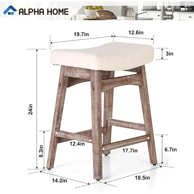 ALPHA HOME Bar Stools Set of 2, Solid Wood Saddle Kitchen Stools with Beige Linen Fabric Cushion Counter Height Barstools 2