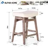 ALPHA HOME Bar Stools Set of 2, Solid Wood Saddle Kitchen Stools with Beige Linen Fabric Cushion Counter Height Barstools 2