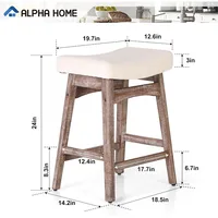 ALPHA HOME Bar Stools Set of 2, Solid Wood Saddle Kitchen Stools with Beige Linen Fabric Cushion Counter Height Barstools 2