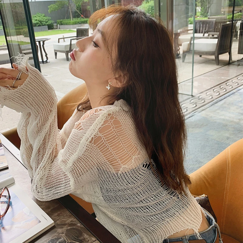 

2023 Black White Thin Women Pullover Loose Sweater Lady Hollow Out Hole Broken Streetwear Stretch Split Knit Short Top