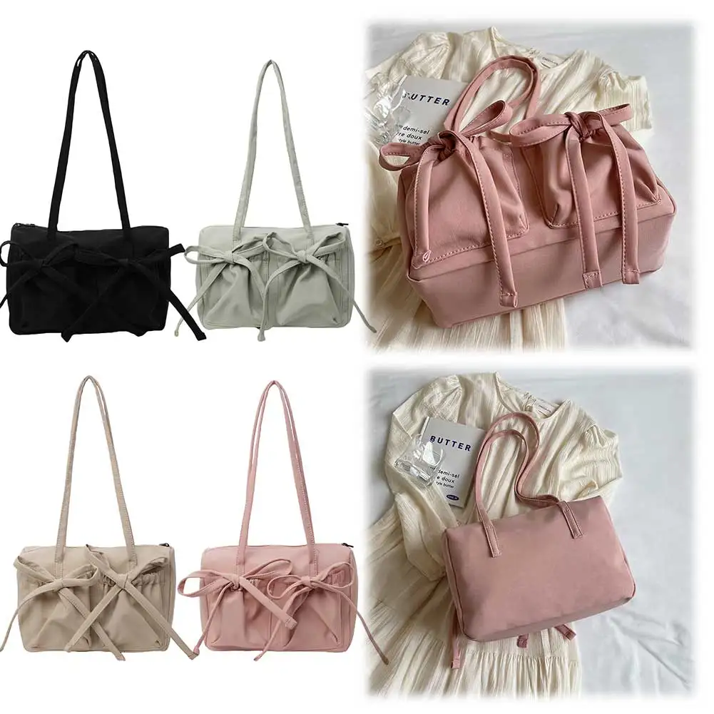 

Cute Bow Shoulder Bag Casual Nylon Fashion Shoulder Purse Solid Color Daily Bag Zipper Closure for Women Daily Use and Commuting