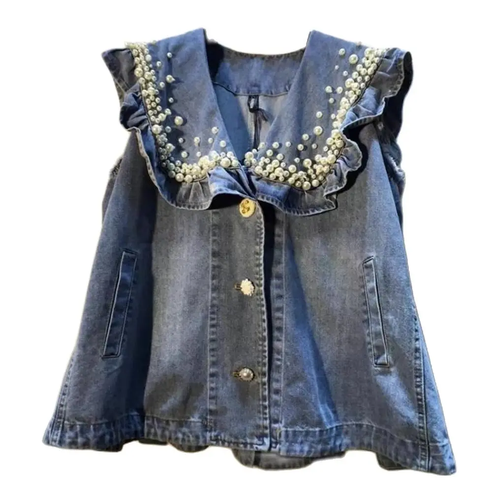 

Vintage Blue Beading Diamonds Denim Vest Women Waistcoat Loose Sleeveless Jacket Ruffles Splicing Jeans Vests Female Doll Collar