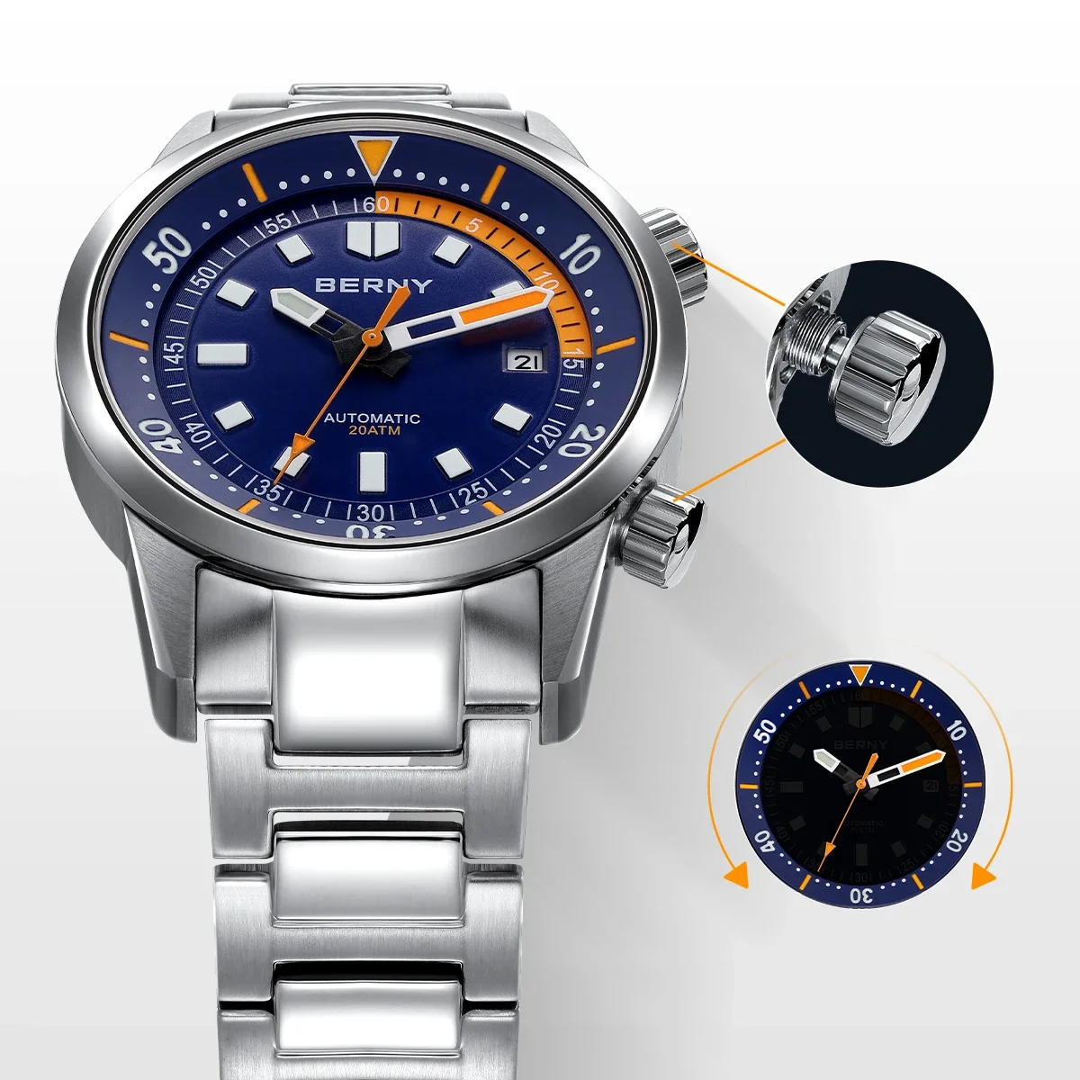 BERNY Orologio Autoatico Uoo 200 Orologi Da Sub, Vetro Zaffiro BERNY Orologio Autoatico Uoo 200 Orologi Da Sub, Vetro Zaffiro