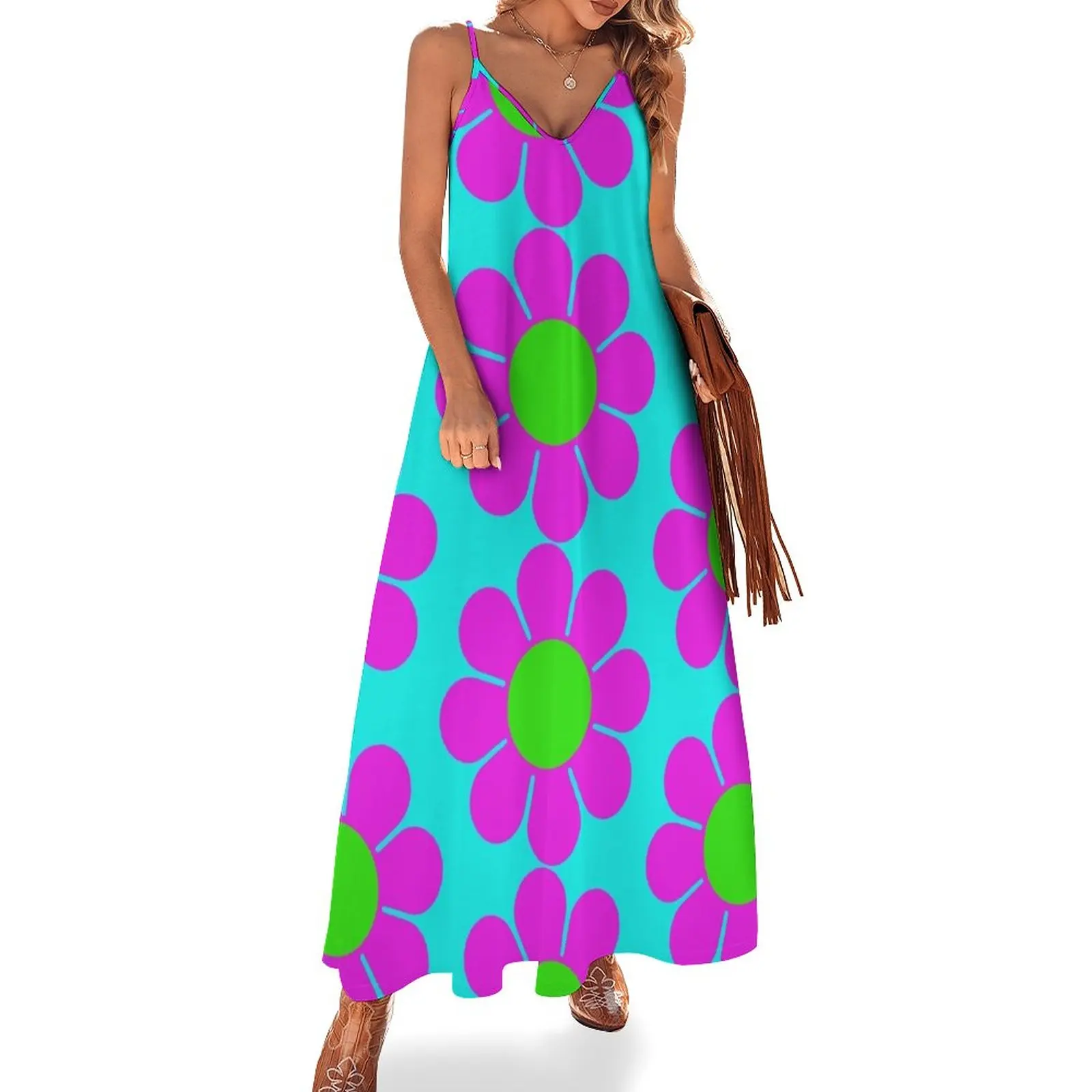 

Pink Green Hippy Flower Daisy Sleeveless Dress chic and elegant woman dress long dresses for women dress for woman