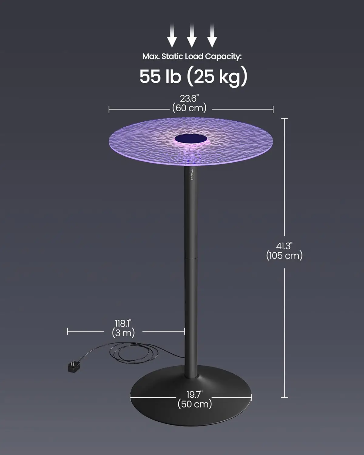 Round Cocktail Table with Multi-Colored Lights and Glass Top, Large Steel Base, 41.3 Inches Tall Pub Table for Kitchen, Bistro 2