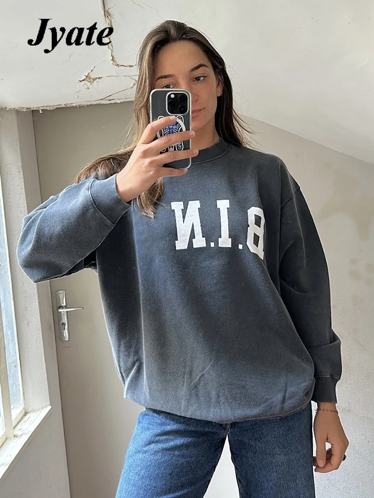 

Washed Letter Print Women Sweatshirts 2024 O-Neck Long Sleeve Loose Faded Cotton Pullovers Tops Vintage Casual Female Sweatshirt