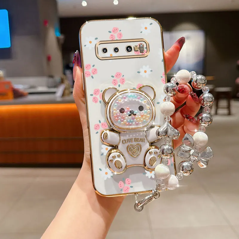 Perle Strap Mini Blume Bär Überzug Telefon Halter Fall Für Samsung Galaxy S10 Plus S9 S8 Plus + Zurück Stehen mädchen Verwendet Zurück Abdeckung – Detail 13