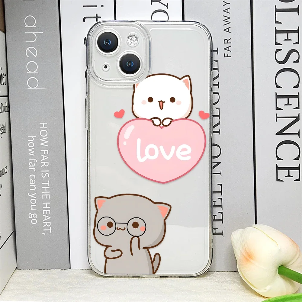 Cartoon Peach Mochi Cat Couple Transparent Soft Phone Case