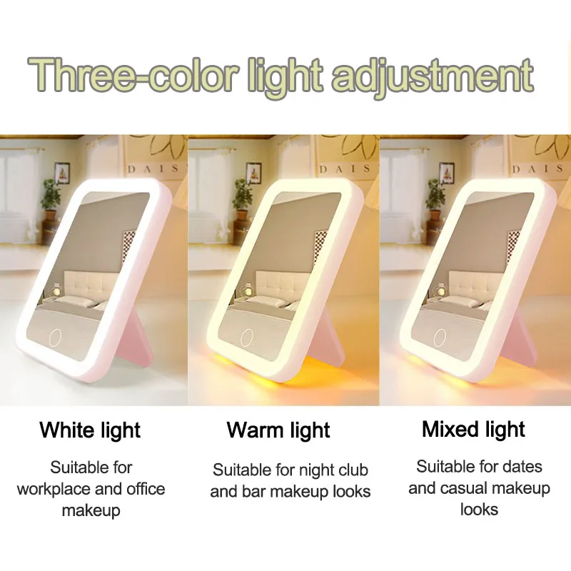 New 3 Colors LED Vanity Mirror Dimming Makeup Cosmetic Mirror with Lighting Portable USB Rechargeable HUAZJ16