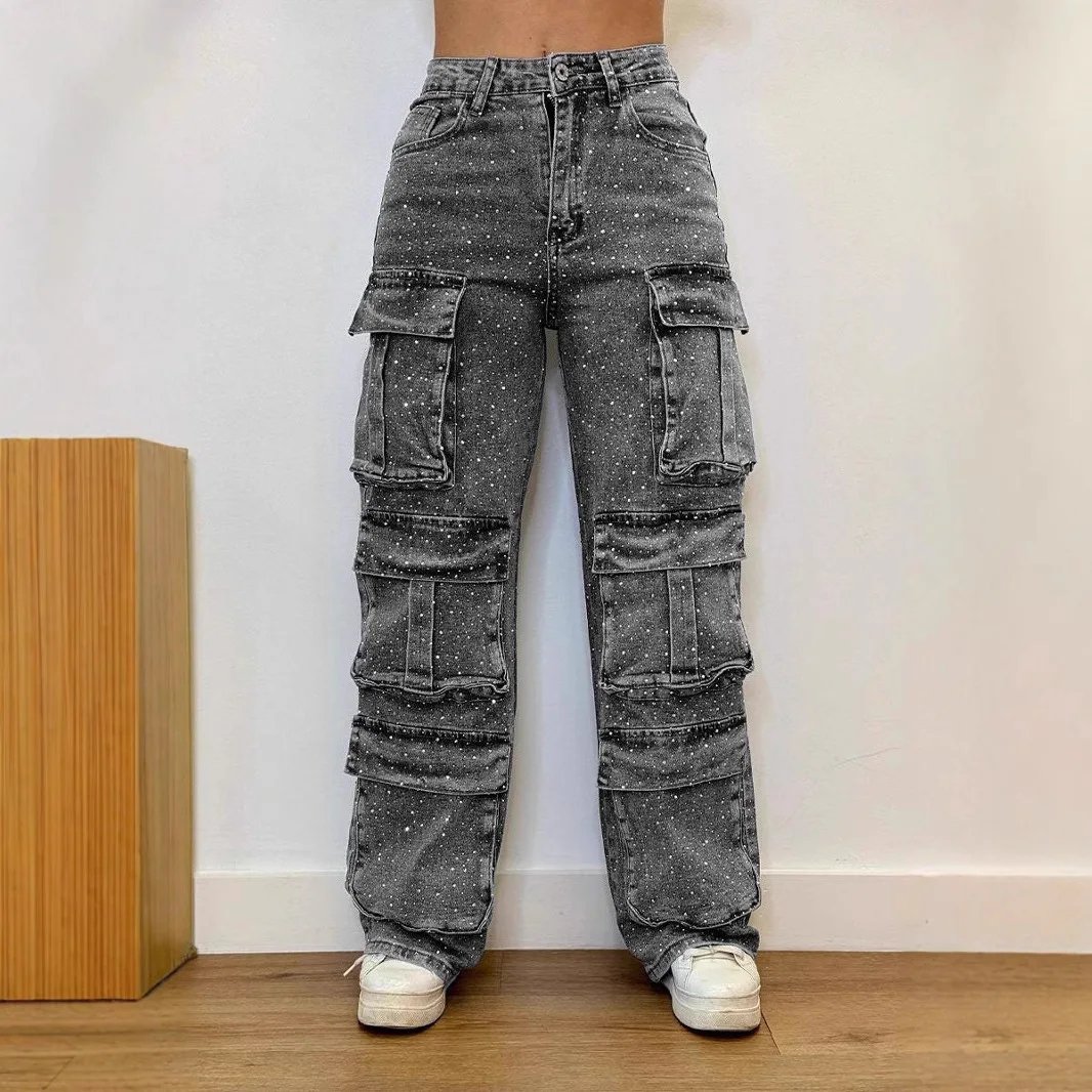 2025 New High Waist Black Rhinestone Multi-Pocket Work Jeans Street Style High Quality Fashionable Straight Jeans 6