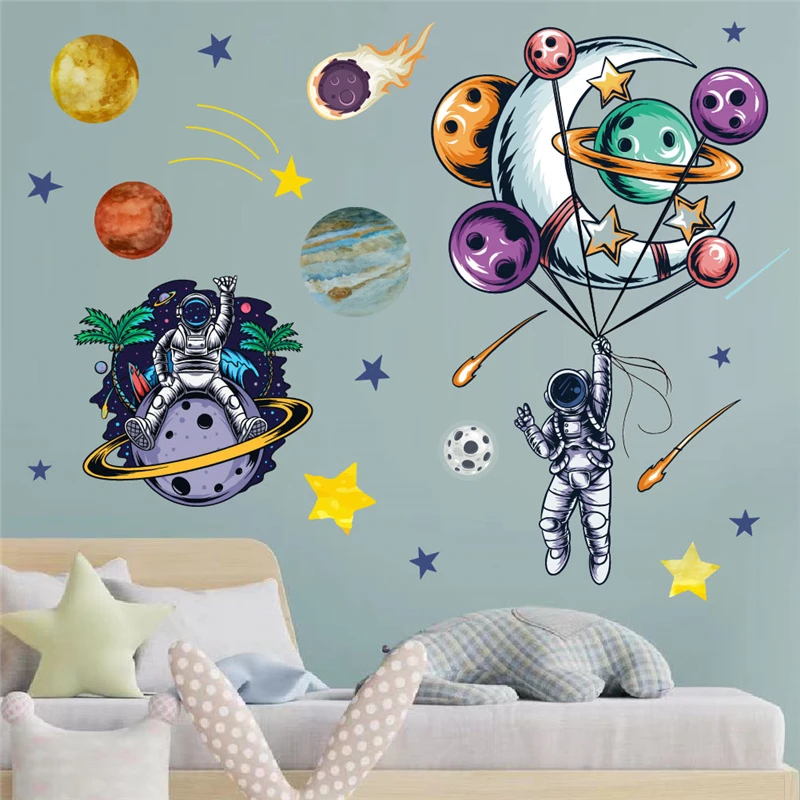 

Funny Astronaut With Planet Moon Balloon Wall Stickers For Home Decoration Space Mural Art Diy Kids Bedroom Decals Pvc Posters