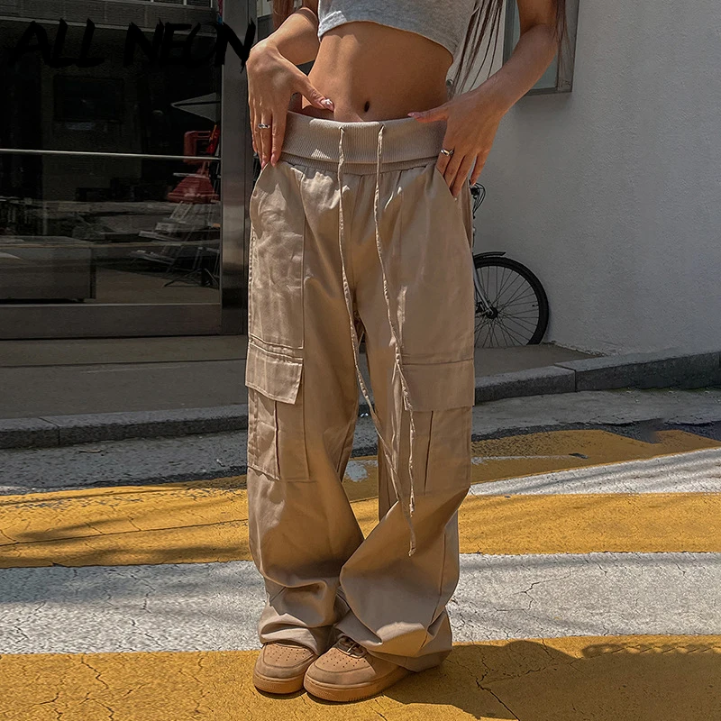 

ALLNeon Hip Hop Autumn High Waist Lace-Up Straight Pants Casual Street Big Pockets Wide Leg Pant Y2K Loose Trouser Women Bottoms