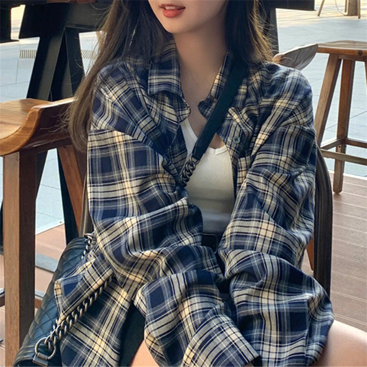 Korean Plaid Blouse Image 7