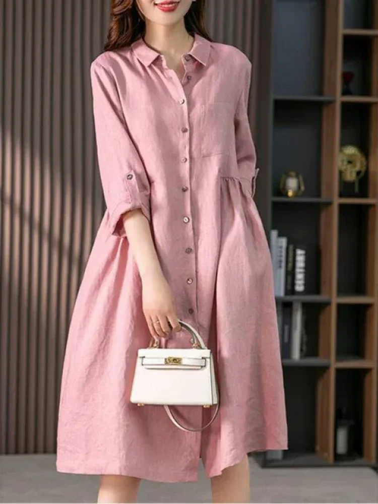 

New Solid Female Vestidos Loose Casual Women Dress Commuting Long Robe Formal Dresses Office Lady Elegant French Shirt Dress