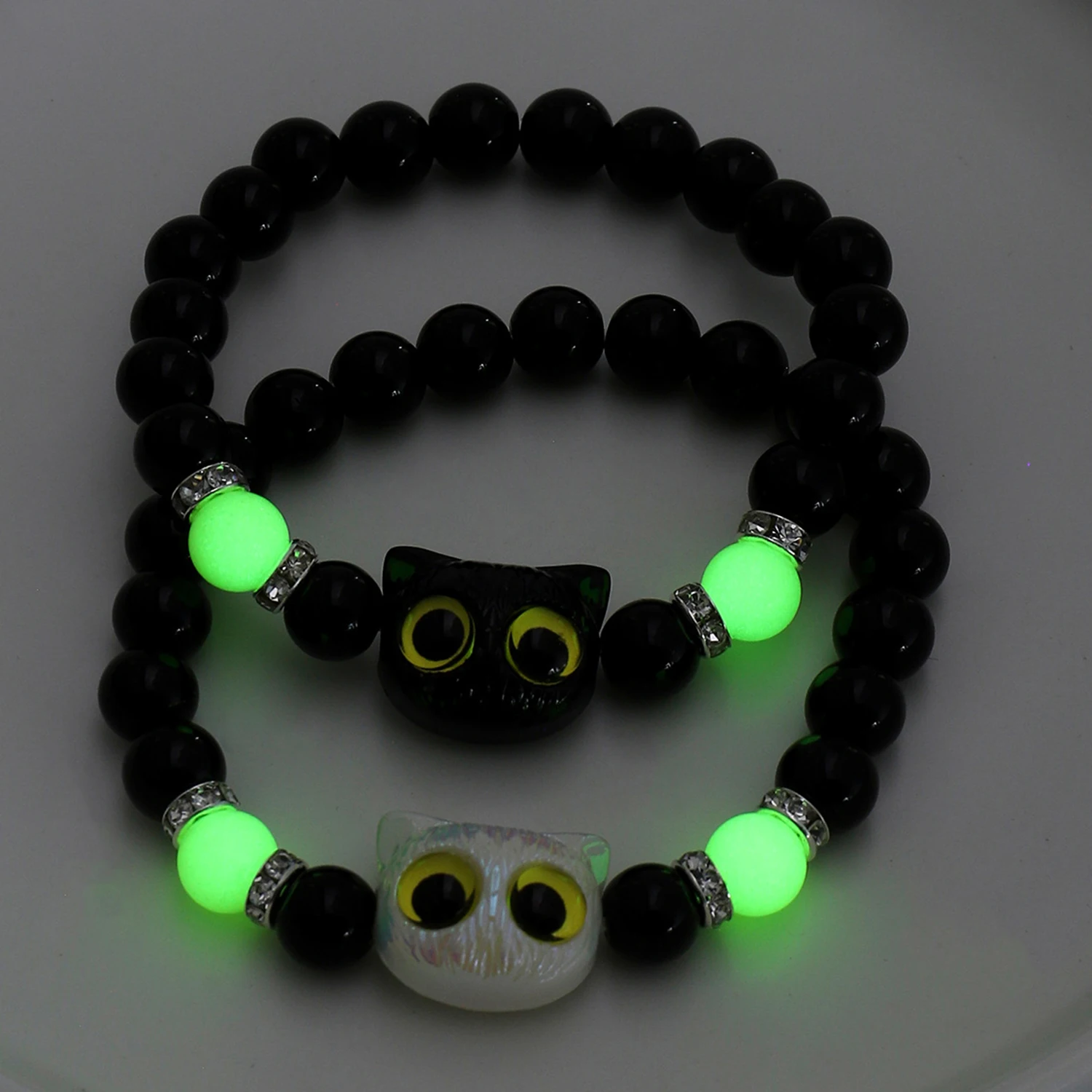 Matching Bracelets Couples Women Men Luminous Cute Cat Friendship Bracelete Black White Cat Head Bangles Glow In The Dark Gift