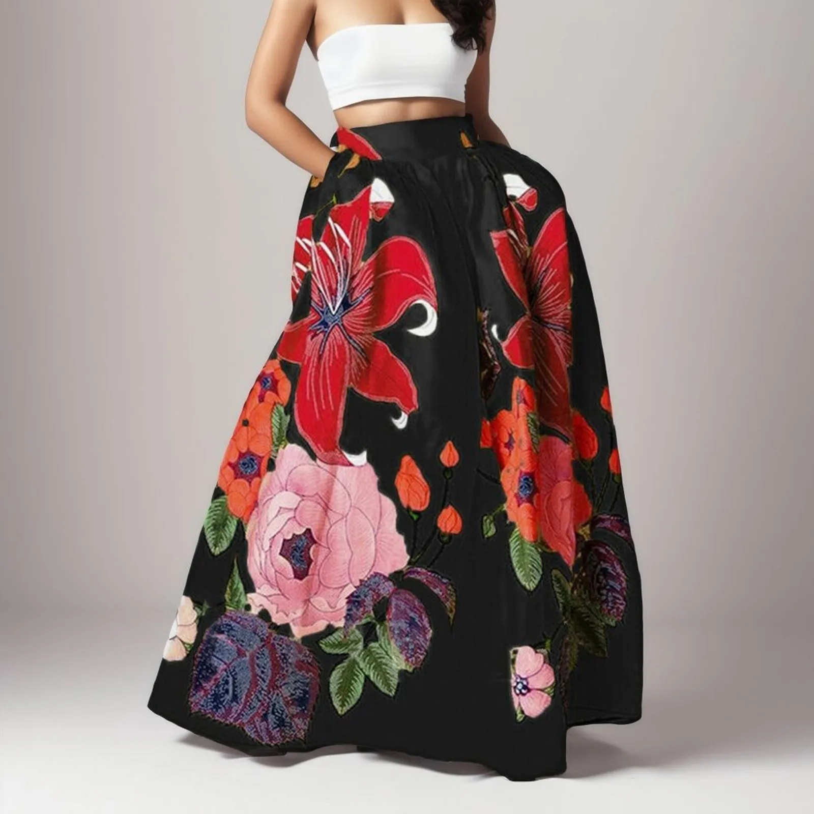 

Women Dress Bohemian Floral Print Maxi Long Skirt High Waist Pocket Party Beach Long Skirt Gala Gown Bride Wedding Vestido