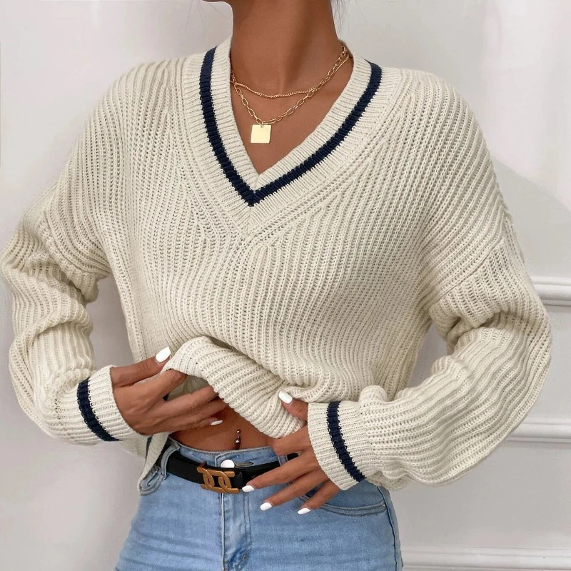 

Fashion Stripe V-Neck Knitted Sweater Women Autumn Casual Loose Sweaters Women Winter 2023 Solid Warm Lady Pullovers Tops 28670