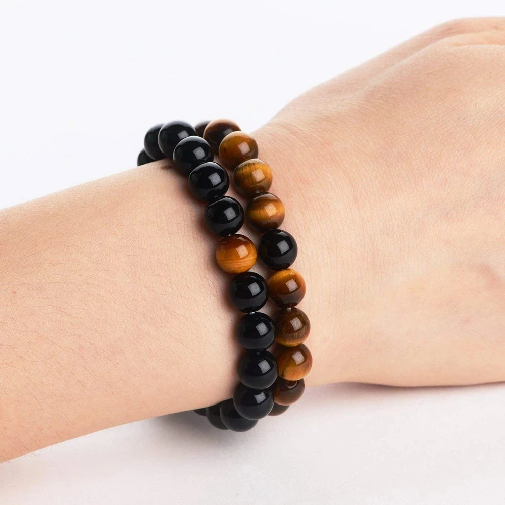 2pcs 8mm Natural Stone Quartz Beads Bracelet Lava Tiger Eye Agate Healing Energy Bangle Men Women Lover Couple Charm Jewelry images - 6