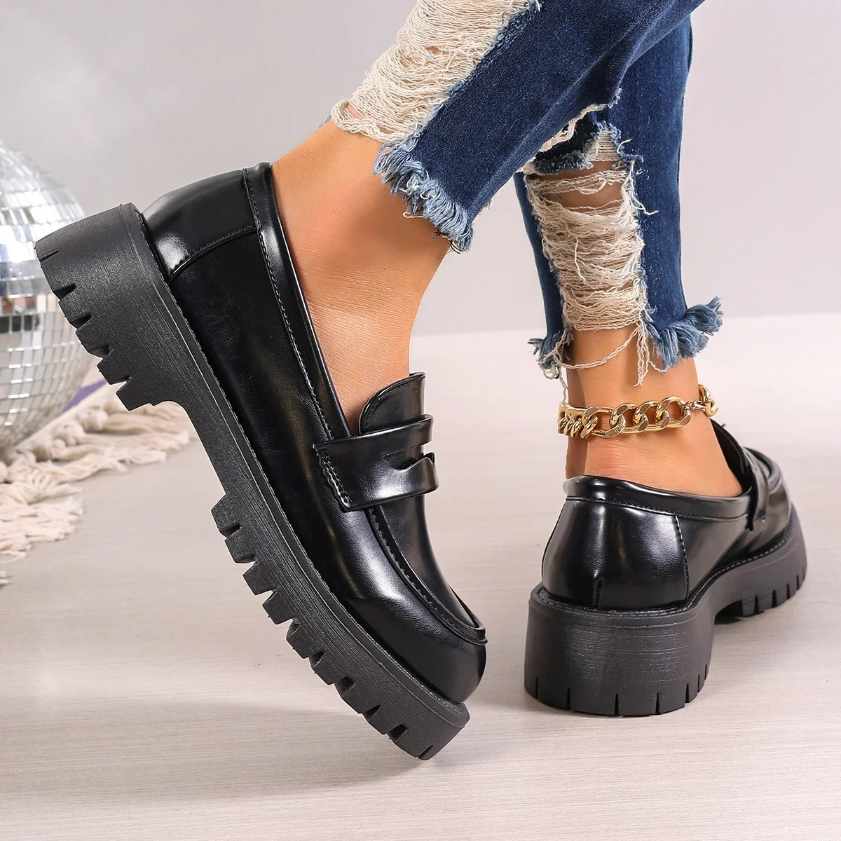 Rimocy Casual Platform Loafers Woman 2025 British Style Black Brown PU Leather Shoes for Women Comfort Slip On Flats Plus Size 6