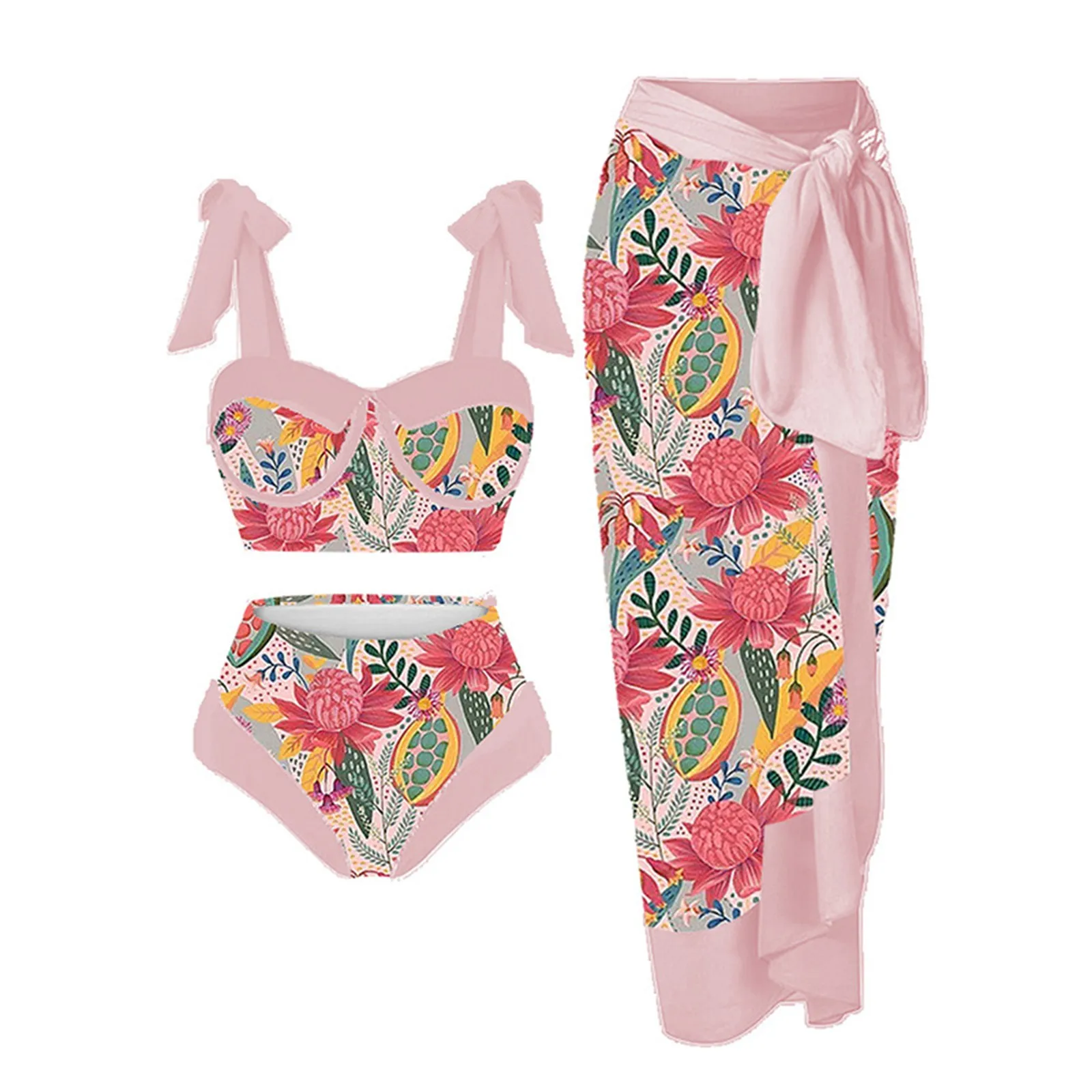 

Women's Vintage Colorblock Abstract Floral Printing 2 Piece Swimwear+1 Piece Cover UP Three Pieces Sets Swimsuit Bikini Suits