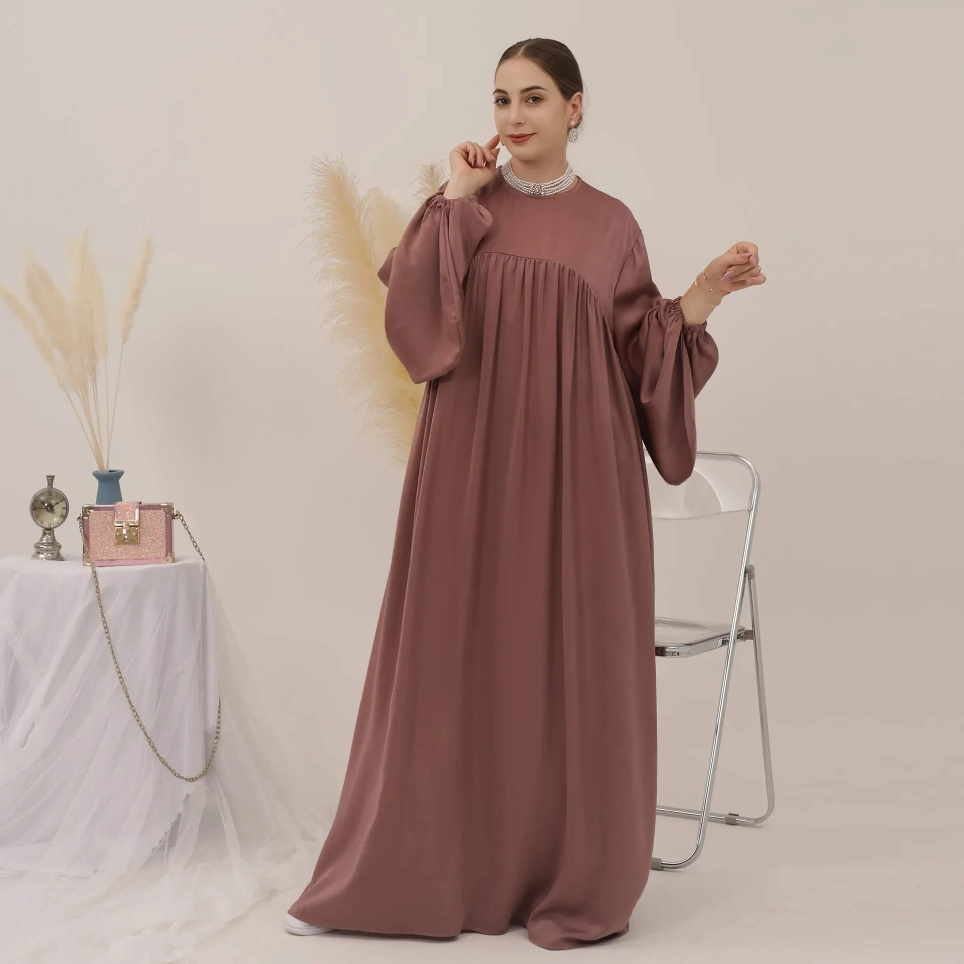 Plain Abayas Women Satin Muslim Long Dress Lantern Sleeve Loose Prayer Abaya Dubai Turkey Kaftan Ramadan Islamic Clothing Jilbab