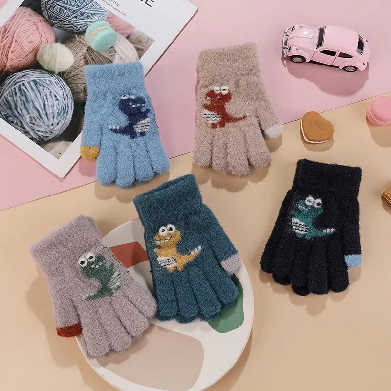 Kids Winter Gloves 3-9 Years Thickened Knitted Cartoon Small Dinosaur Warm Plush Toddlers Mittens