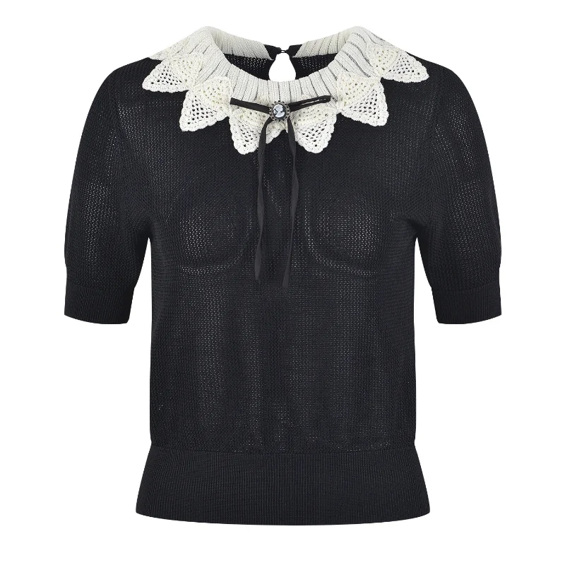 

2023 Summer New In Knitwears Korean Fashion Elegant Bow Knittted Top for Women Black Pull Femme