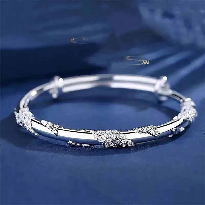 925 Sterling Silver Original Designer Blooming Flowers Bracelets Bangles For Women Fashion Party Wedding Jewelry Adjustable Gift bangle bracelet