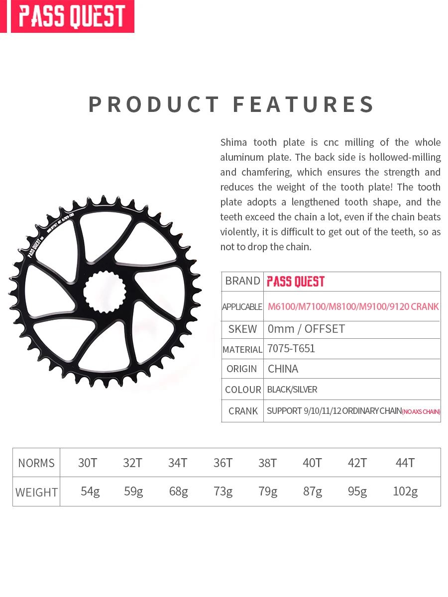 PASS QUEST für SHIMANO M6100 M7100 M8100 M9100 Direct Mount Kurbel Narrow Wide Kettenblatt RUND Schwarz und Silber – Detail 19