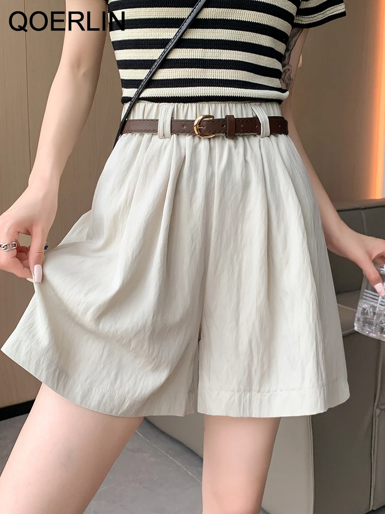 QOERLIN with Belt Elastic Waist Shorts Loose Casual High Waist Shorts Female Summer Wide Leg Bermudas Streetwear Thin Hot Pants