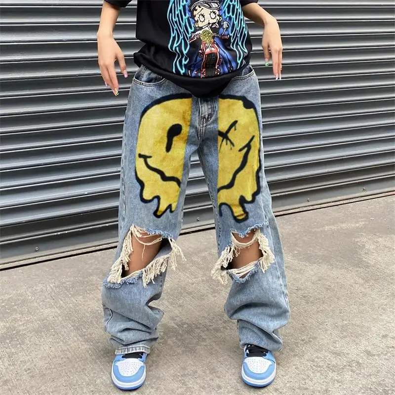 

Women's Jeans Spring And Autumn New Hipster Ripped Smiling Face Printed High Street Fashion Popular Casual Plus-Size Jeans